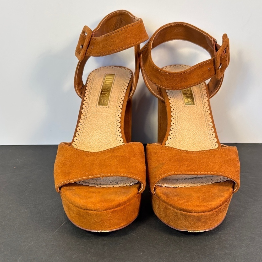 Liliana Suede Platform Heels Sz 7 Cognac Block Heel Ankle Strap Sandals Y2K
